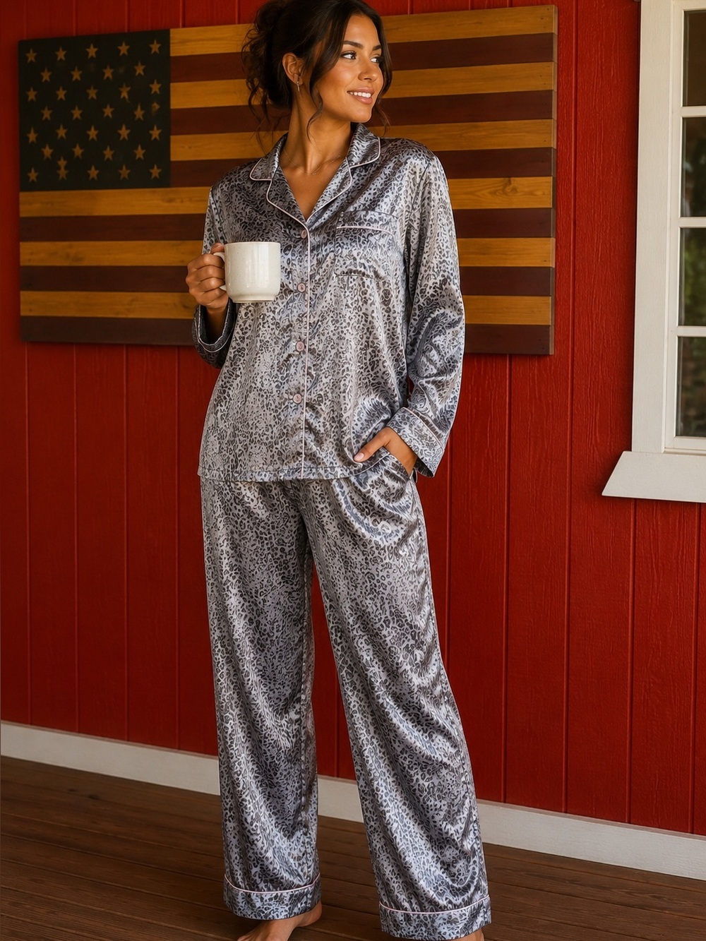 Women's Satin Leopard Print Pajamas- Gray